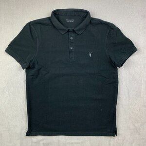 AllSaints Mens Large Black Reform Short Sleeve Polo Shirt Pique Knit Slim Fit